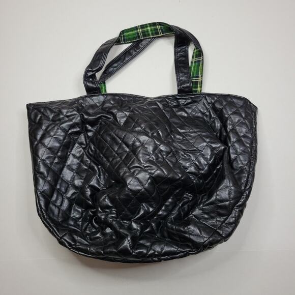 Fashion Express Quilted Reversible Faux Black Leather & Green Plaid Strap Tote - Picture 4 of 6